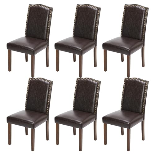 MCQ Upholstered Dining Chairs Set of 6, Modern Upholstered Leather Dining Room Chair with Nailhead Trim and Wood Legs, Mid-Century Accent Dinner Chair for Living Room, Kitchen, Dark Brown