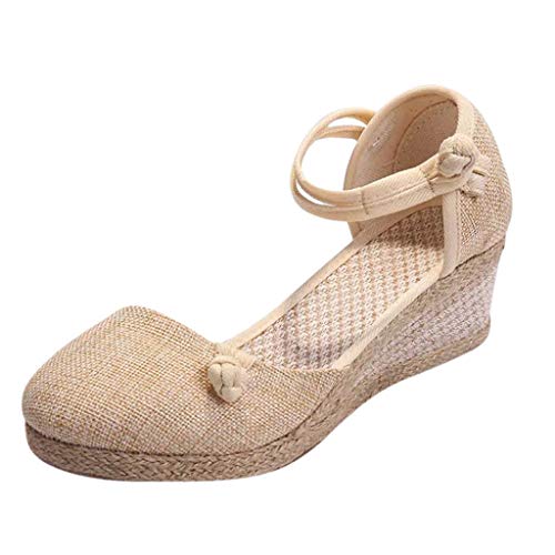 Shengsospp Women's Platform Espadrilles Wedge Sandals Round Toe Sandals for Women Casual Summer Retro Linen Canvas Singles Shoes 11_Beige, 7