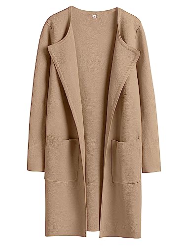 ANRABESS Women's 2023 Fall Cardigan Sweater Open Front Knit Long Sleeve Lapel Casual Oversized Solid Classy Wool Jacket Cashmere Winter Coat 715shenxing-S Khaki