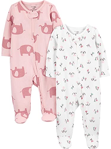 Simple Joys by Carter's Baby Girls' 2-Way Zip Thermal Footed Sleep and Play, Pack of 2, Pink Elephant/White Floral, 3-6 Months