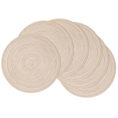 SHACOS Round Braided Placemats Set of 6 Washable Cotton Polyester Round Placemats for Kitchen Dining Table 15 inch Round Table Mats (Beige, 6)