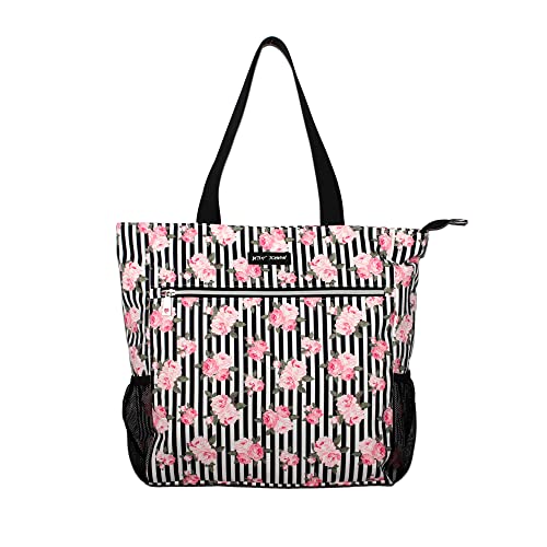 Betsey Johnson 15.6 Inch Zipper Beach Tote Bag Lightweight Large Durable Polyester with Mesh Side Pockets for Gym Work, Stripe Roses