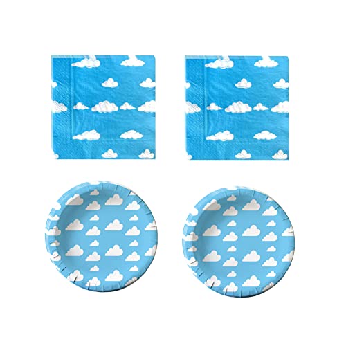 Cemtetnech 40pcs Blue Sky White Clouds Party Supplies ,include 20 Plates, 20 Napkin ,Used for Cartoon Story Birthday Party Decoration, Blue,White