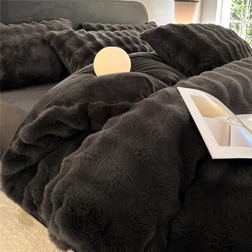 Lotus Karen Fluffy Comforter Cover Set-Rabbit Fluff Faux Fur Duvet Cover Queen Size,Black Plush Fuzzy Furry Bedding Sets 3Pieces(1 Duvet Cover & 2 Pillow Shams),Zipper Closure