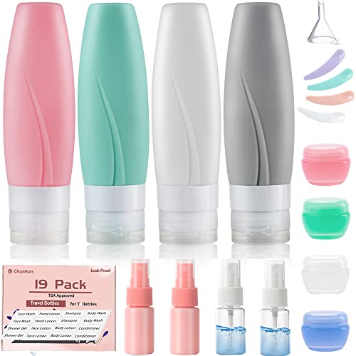 19 Pack Travel Size Bottles For Toiletries, 3 oz Tsa Approved Shampoo and Conditioner Containers with Tags, Squeezable Silicone Lotion Tubes Spray Bottles, Travel Essentials