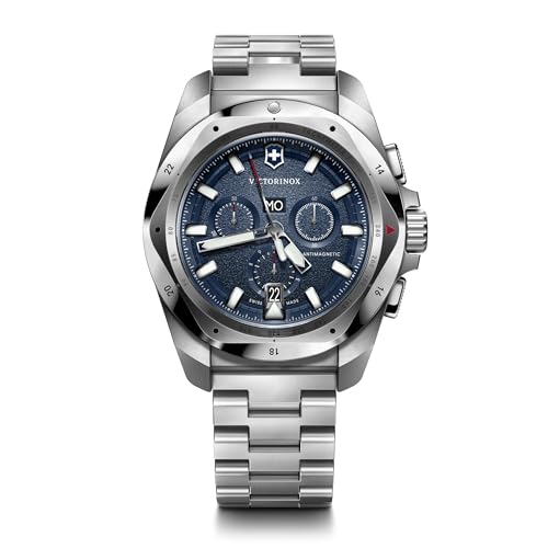 Victorinox I.N.O.X. Chrono 43mm Mens Watch - Silver Stainless Steel Case, Blue Dial, and Stainless Steel Bracelet