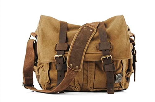 Sechunk Vintage Military Leather Canvas Laptop Bag Messenger Bags Medium