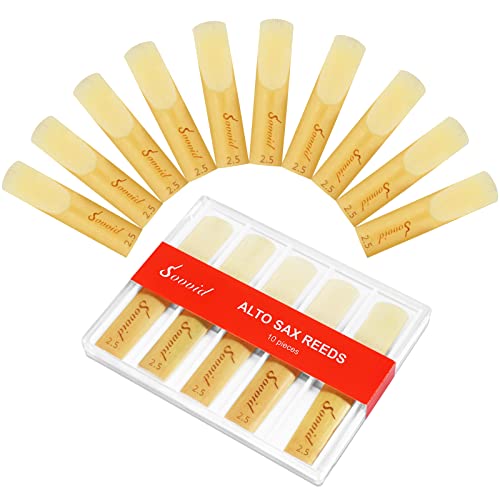 Sovvid 10 Pack Professional Alto Saxophone Reeds with Plastic Box, Strength 2.5 Alto Sax Reeds, Laser Engraved Marking & Thinner Reed Tip for Easy of Play, Traditional Reeds for Saxophone Alto