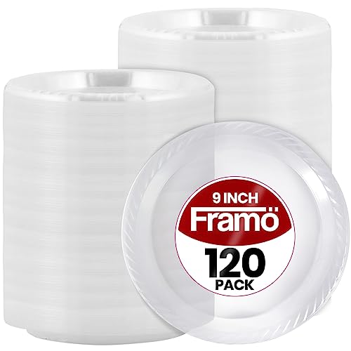 9 Inch Disposable Clear Plastic Plates In Bulk By Framo for Party and Dinner,And For Any Occasion, Microwaveable, BBQ, Travel, and Events (9 Inch 120 pack)