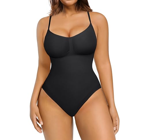 FeelinGirl Shapewear Bodysuit for Women Tummy Control Seamless Body Shaper Tank Top Thong Shapewear Body Suits Black M-L