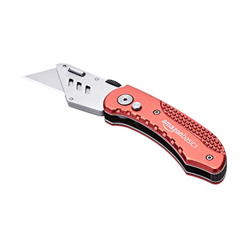 Amazon Basics Folding Utility Knife, Lightweight Aluminum Body, Red