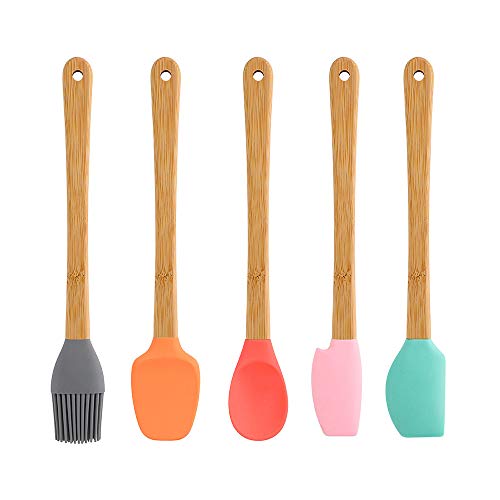 Small Silicone Spatula Set, 5 Pack Mini Spatulas Scrapers with Bamboo Handle for Scraping Cooking Baking Mixing Tools Set, Jar Spoon Spatula Kitchen Utensils, Mini Spatula Silicone, Kitchen Baking