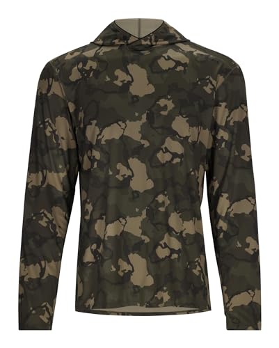 Simms Mens Bugstopper Solarflex 50+ UPF Hoody Shirt with Insect Shield, Long Sleeve Shirt, Regiment Camo Olive Drab, Medium