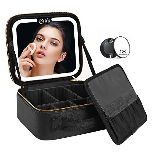 VANMRIOR Travel Makeup Bag with LED Lighted Make up Case with Mirror 3 Color Setting Cosmetic Makeup Box Organizer Vanity Case for Women Beauty Tools Accessories Case Rechargeable