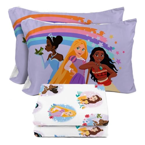 Sunny Side Up Disney Princess Full Sheet Set - 4 Piece Kids Bedding Set Includes Pillow Cover - Super Soft Rainbow Microfiber Sheets Moana, Belle & Rapunzel