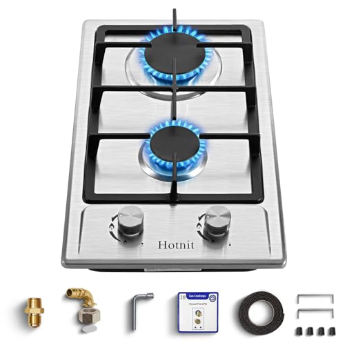 Hothit 2 Burner Propane Gas Cooktop, 12' Inch LPG/NG Dual Fuel Built-in Gas Stove Top, Stainless Steel Electronic Ignition Gas Hob for Apartment, Outdoor, RVs(L12'×W20')