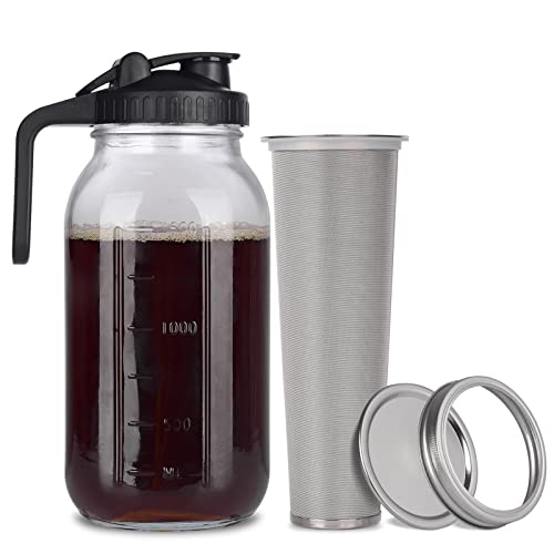 Cold Brew Mason Jar iced Coffee Maker, Durable Glass, - 64 oz (2 Quart / 1.9 Liter), With Handle& Stainless Steel Filter for Iced Brew Coffee, Lemonade, Ice Tea, Homemade Fruit Drinks Container