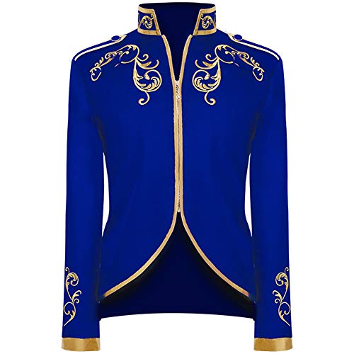 Crubelon Men's Court Fashion Prince Uniform Gold Embroidered Jacket Suit Jacket (M, Blue)