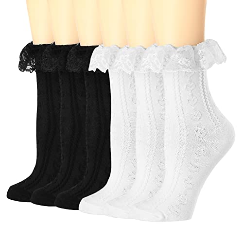 BIVOLU Womens Crew Socks Lace Ruffle Frilly Cotton Cute Princess Ankle Dress Socks for Girl 6 Pack