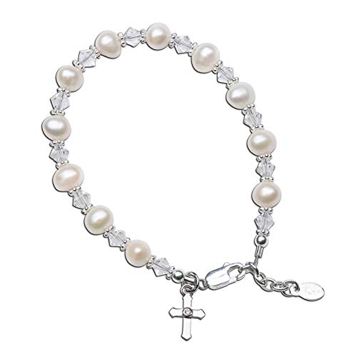Precious Pieces First Communion Gift for Girls Sterling Silver Cross Bracelet with Cultured Pearl and Crystals for Girls (LG)