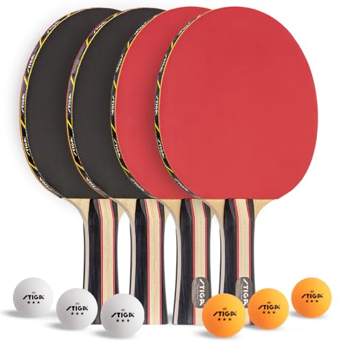 STIGA Performance 4 Player Ping Pong Paddle Set of 4 – Table Tennis Rackets, 6 – 3 Star Orange and White Balls