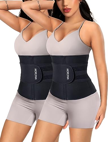 HOPLYNN 2 Pack Neoprene Sweat Waist Trainer Corset Trimmer Shaper Belt for Women, Workout Plus Size Waist Cincher Stomach Wraps Bands Black Medium