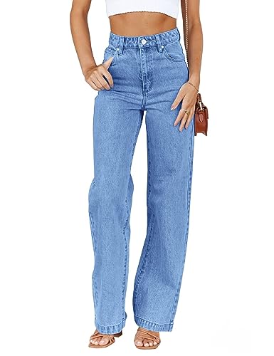 ETTELO Womens Jeans Mid Waisted Straight Leg Loose Stretchy Lightweight Tummy Control Trendy Jeans for Women 2024 (US, Numeric, 8, Regular, Regular, Blue)
