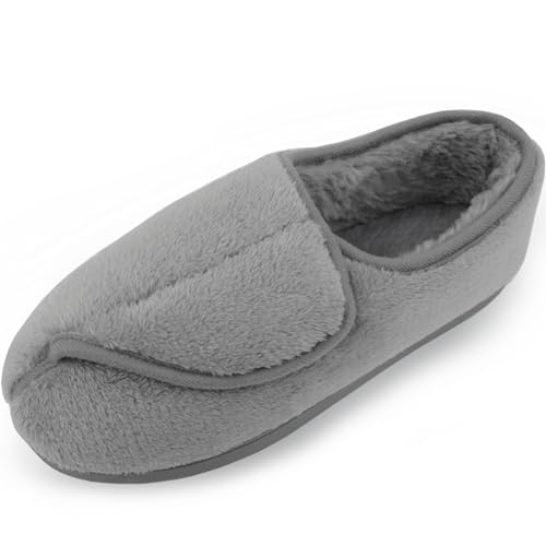 Git-up Women Memory Foam Diabetic Slippers Arthritis Edema Adjustable Closed Toe Swollen Feet Slippers Comfortable House Indoor Outdoor Shoes with Rubber Sole, Grey 9##