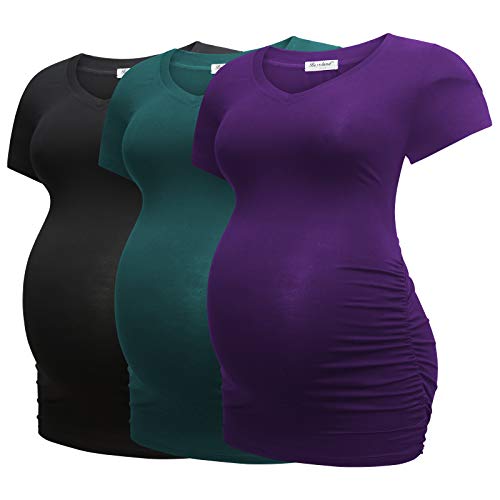 Bearsland Womens Maternity Tshirt Modal Classic Side Ruched Tee Top Mama Pregnancy Clothes,Black+Green+Purple,L