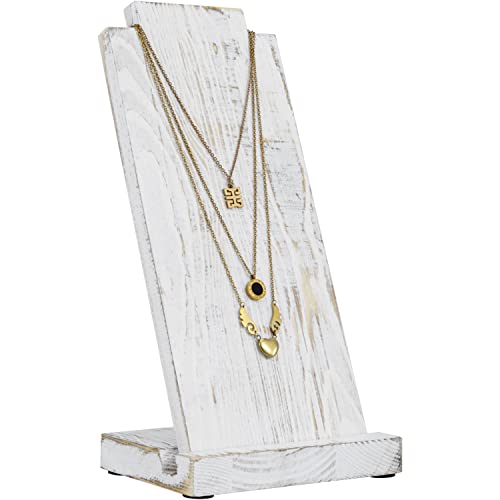 MyGift Shabby Chic White Washed Solid Wood Necklace Easel Stand with Detachable Board and Base, Tabletop Adjustable Bust Jewelry Holder for Retail Display