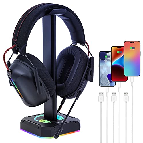 TuparGo Headphone Stand RGB Lights Gaming Headset Holder with 3 USB Port for Charging or Connecting Headset Keyboard and Mouse,9 Modes Can be Toggles and Off,Aluminium Connecting Rod.