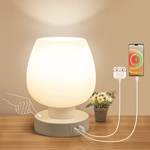 Touch Bedside Table Lamp - Small Lamp for Bedroom with USB C+A Charging Ports 3 Way Dimmable, Nightstand Desk lamp with White Opal Glass Lamp Shade Warm LED Bulb Included, Simple Design Gifts
