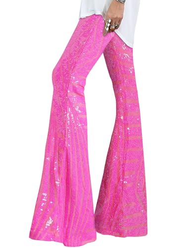 EVALESS Hot Pink Pants for Women Sparkly Glitter High Waisted Wide Leg Sequin Flare Trousers Bell Bottom Clubwear L 12 14