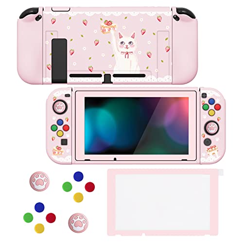 PlayVital ZealProtect Soft Protective Case for Nintendo Switch, Flexible Cover Protector for Switch with Screen Protector & Thumb Grip Caps & ABXY Direction Button Caps - Tea Time Kitty