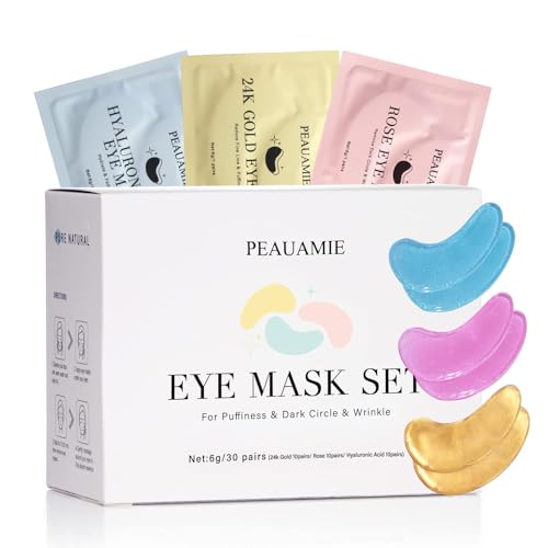 PEAUAMIE Under Eye Patches (30 Pairs) Gold Eye Mask and Hyaluronic Acid Eye Patches for puffy eyes,Rose Eye Masks for Dark Circles and Puffiness under eye skin care Smooth Wrinkles products