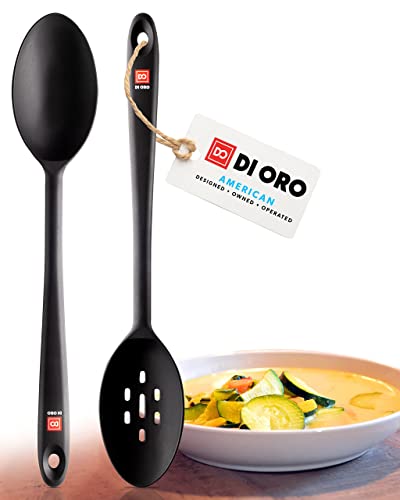 DI ORO Silicone Spoons for Cooking - Large Kitchen Spoons for Mixing, Serving, & Stirring - 600°F Heat-Resistant Non Stick Utensils – Big Solid & Slotted Basting Spoons - Dishwasher Safe (2pc, Black)