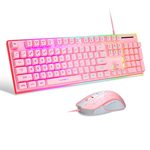 MageGee Gaming Keyboard and Mouse Combo, True RGB Backlit Membrane Office Keyboard Mouse, 104 Keys Anti-Ghosting Metal Panel Quiet Wired Keyboard for Windows Laptop PC Gamer- Pink