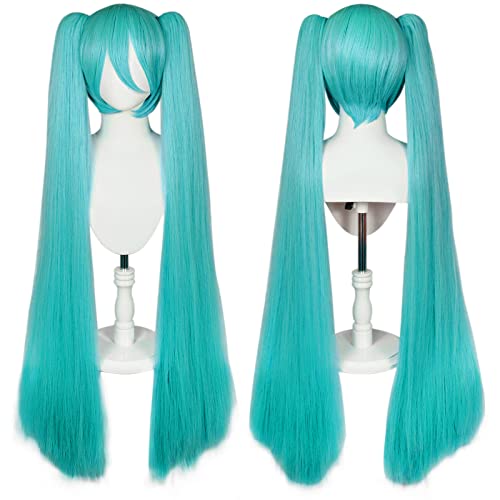Ebingoo 47 Inch Long Green Wig with Bangs for Women with Two Detachable Ponytails + Wig Cap Long Straight Synthetic Green Cosplay Wig for Halloween Costume Party Anime