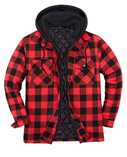 ZENTHACE Flannel Hooded Jackets for Men Quilted Flannel Shirt for Mens Buffalo Plaid Flannel with Hood Black and Red L