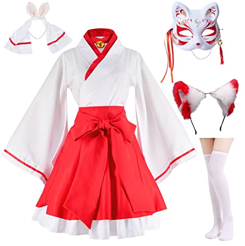 Japanese Anime red and White Kimono Fox Cosplay Costume Furry Fox Ear Mask with Socks L