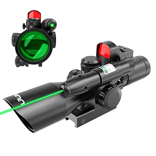 UUQ 2.5-10x40 Combo Rifle Scope, Dual Illuminated Mil-dot Reticle, W/Mini Reflex 3 MOA Red Dot Sight and Laser Sight (Green Laser)