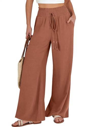 ANRABESS Women's Linen Palazzo Pants Summer Casual Vacation High Waist Wide Leg Trousers Trendy Lounge Pant with Pockets Large Rust