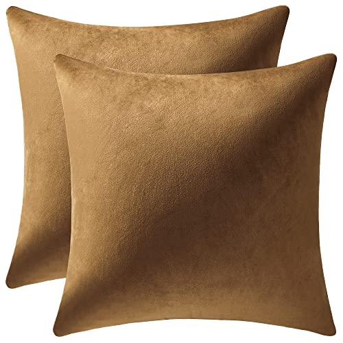 DEZENE Throw Pillow Cases 18x18 Golden Brown: 2 Pack Cozy Soft Velvet Square Decorative Pillow Covers for Farmhouse Home Decor