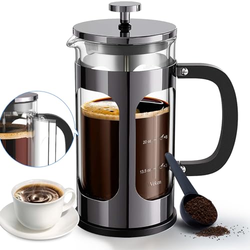 Veken French Press Plunger Coffee Maker Cafetière, Double Wall Heat Resistant Borosilicate Glass Coffee Press,Cold Brew Coffee Pot for Kitchen and Gifts, Dishwasher Safe, Dark Pewter (27 Ounce/800 ml)