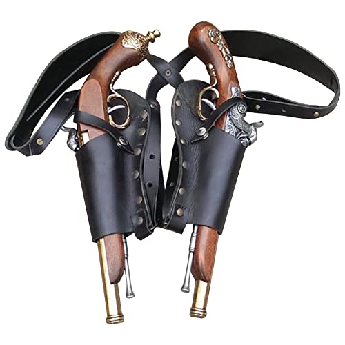 Medieval Double Gun Shoulder Holster Faux Leather Flintlock Pistol Rivets Adjustable Renaissance Pirate Underarm Accessories (08-Black)