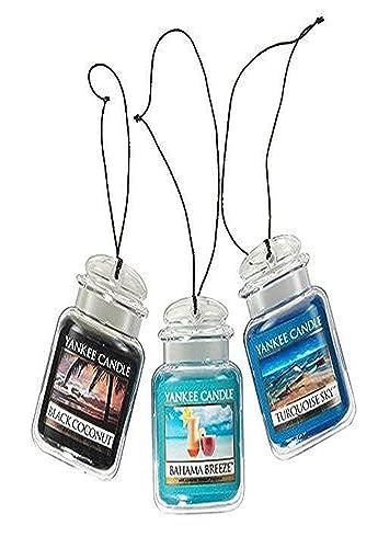 Yankee Candle Car Air Fresheners, Hanging Car Jar Ultimate 3-Pack, Neutralizes Odors Up To 30 Days, Includes: 1 Bahama Breeze, 1 Black Coconut, and 1 Turquoise Sky