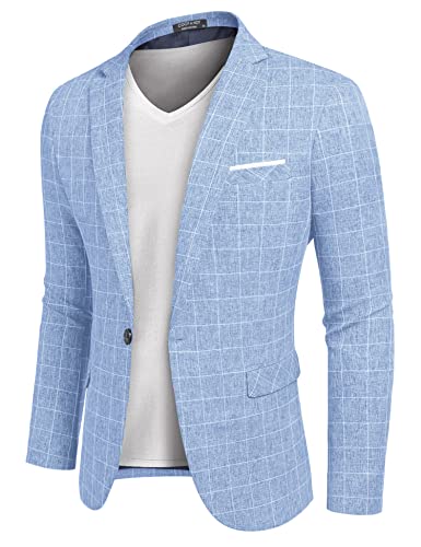 COOFANDY Mens Casual Checked Blazer Jacket Plaid Blazers One Button Casual Checked Sport Coat (Plaid Blazer - Sky Blue XL)