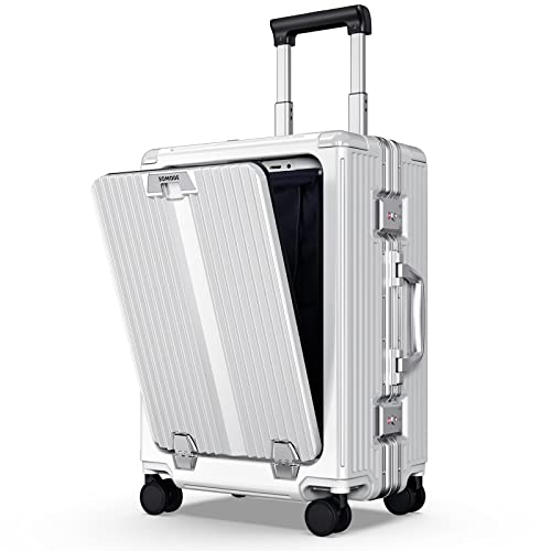 SOMODE Airline Approved Carry On Luggage with Spinner Wheels,Aluminum Framed Carry On Suitcase with Front Open Laptop Compartment/Pocket 22×14×9 inch Large Checked-in Luggage(White)