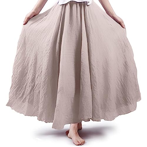 ASHER FASHION Women's Bohemian Style Elastic Waist Band Cotton Linen Long Maxi Skirt Dress (105CM, Beige)