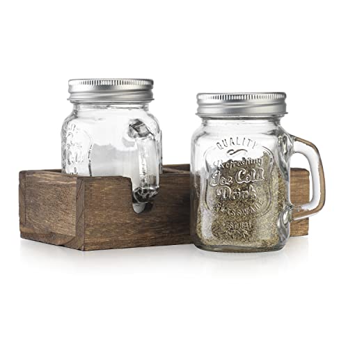 MosJos Mason Jar Salt and Pepper Shakers - Vintage Glass Condiment Dispenser Set with Wooden Holder Caddy - Farmhouse Kitchen Decor, Easy Refill 5-ounce Capacity with Stainless Steel Lids